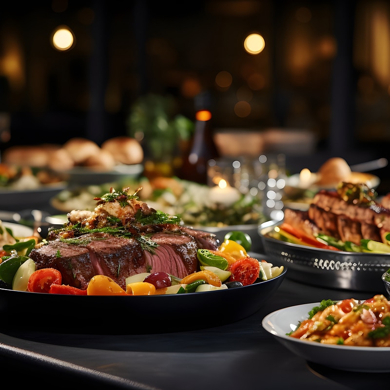 Dîner gastronomique: steak saignant, légumes colorés, et garniture sur une table élégante. Plats variés et bougie en arrière-plan.