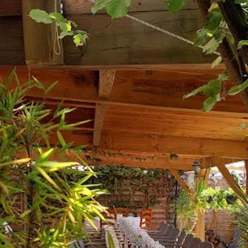 Longue table dressée sous une pergola en bois clair, entourée de verdure luxuriante. Espace repas extérieur ombragé et accueillant.